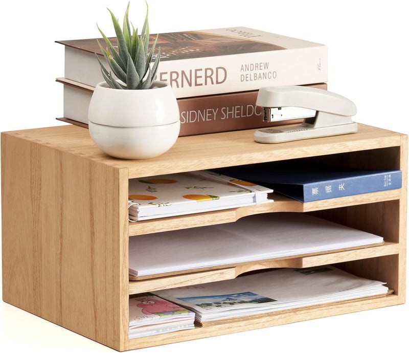 KIRIGEN Wooden Desktop Organizer Paper Storage Letter Tray File Sorter - Desk Rack Magazine File Dividers Holders for Home Office Accessories Wood Desk Cabinet with 3 Layer Trays Natural(3KWJG-NA) - Image 1